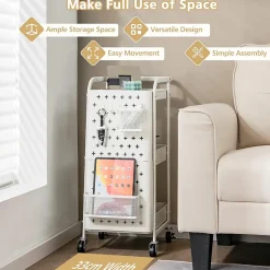 Desserte Roulant à 3 Niveaux Chariot de Rangement et d Organisation avec Double Panneaux Perforés 2 Paniers Blanc