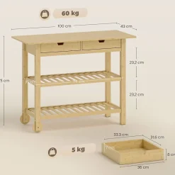 Desserte style cosy naturel bois bambou verni 2 roues - 2 tiroirs - 2 étagères
