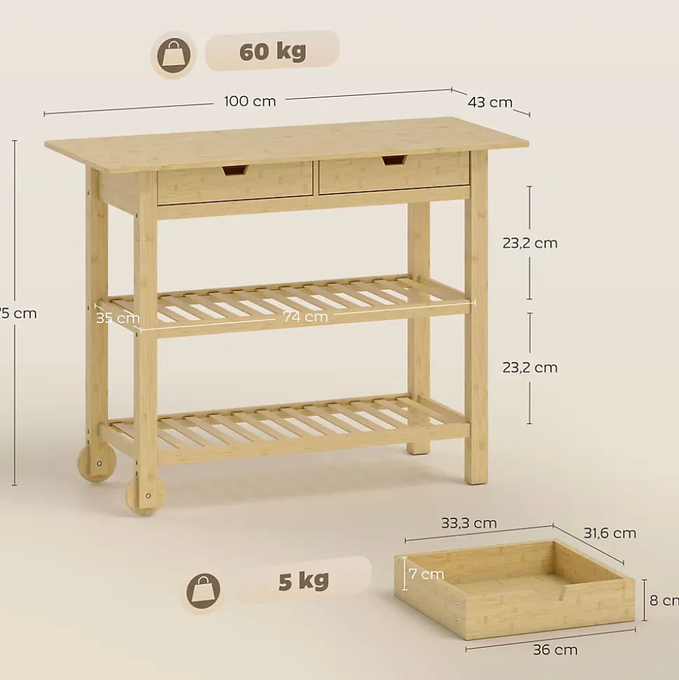 Desserte style cosy naturel bois bambou verni 2 roues - 2 tiroirs - 2 étagères