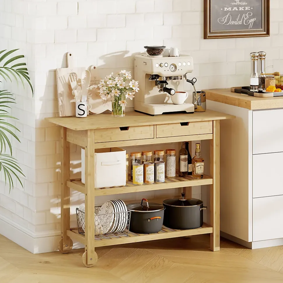 Desserte style cosy naturel bois bambou verni 2 roues - 2 tiroirs - 2 étagères