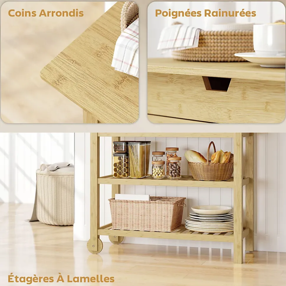 Desserte style cosy naturel bois bambou verni 2 roues - 2 tiroirs - 2 étagères