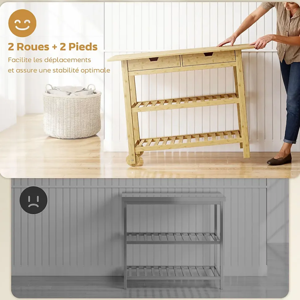 Desserte style cosy naturel bois bambou verni 2 roues - 2 tiroirs - 2 étagères