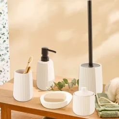 Distributeur de savon en céramique beige strié Ø8 x H.18 cm, Levasseur Florida