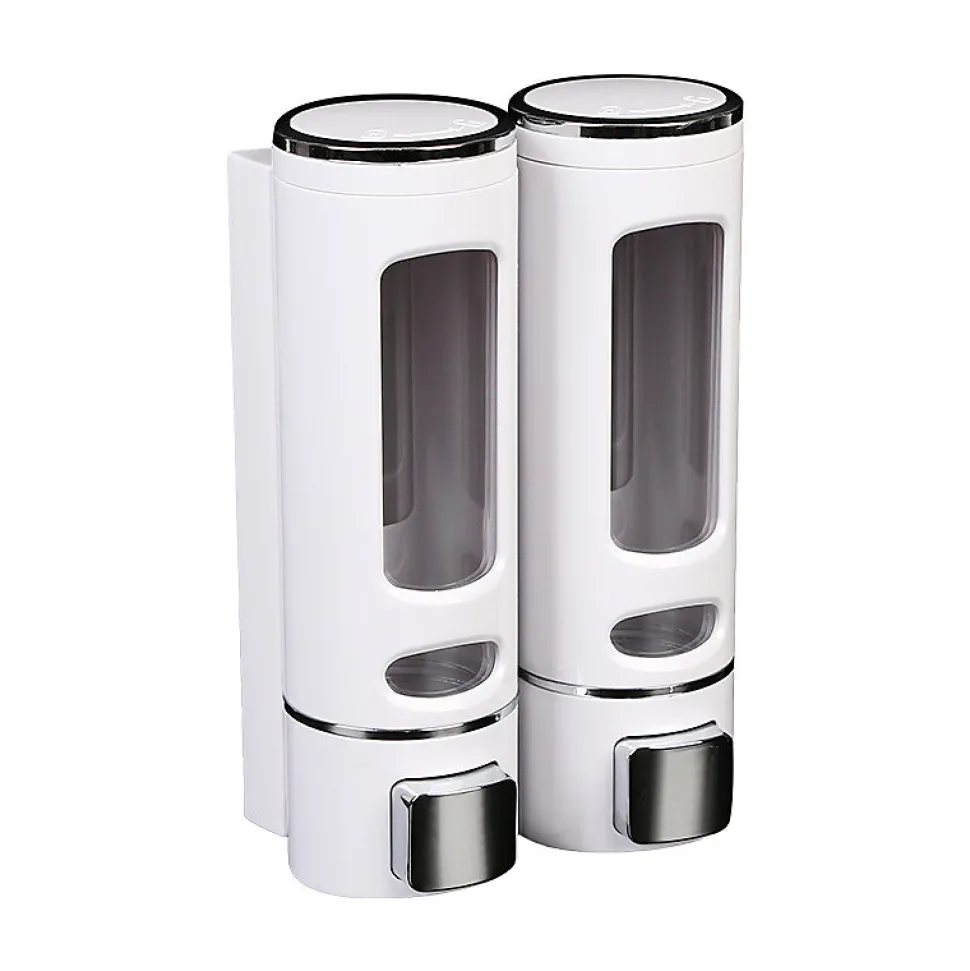 Distributeur de Savon Manuel Mural en ABS pour Shampoing ou Gel Nettoyant pour Les Mains 2X 400ml, Blanc