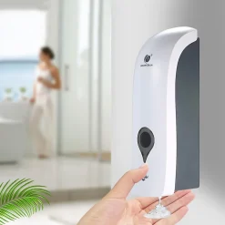 Distributeur de savon mural 300 ml, distributeur de savon manuel, sans perçage (blanc)