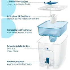 Distributeur d'eau BRITA - Flow - Capacité 8,2L dont 5,2L d'eau filtrée - 1 Cartouche Maxtra Pro All-In-1 incluse