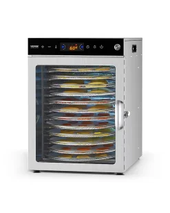 Déshydrateur alimentaire rotatif 12 plateaux inox 800W, température/minuterie réglables, pour viande/fruits.