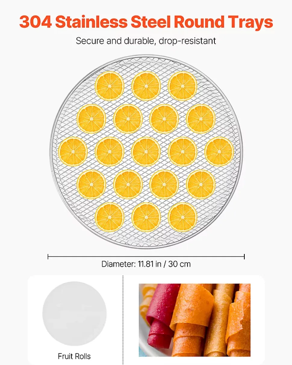Déshydrateur alimentaire rotatif 12 plateaux inox 800W, température/minuterie réglables, pour viande/fruits.