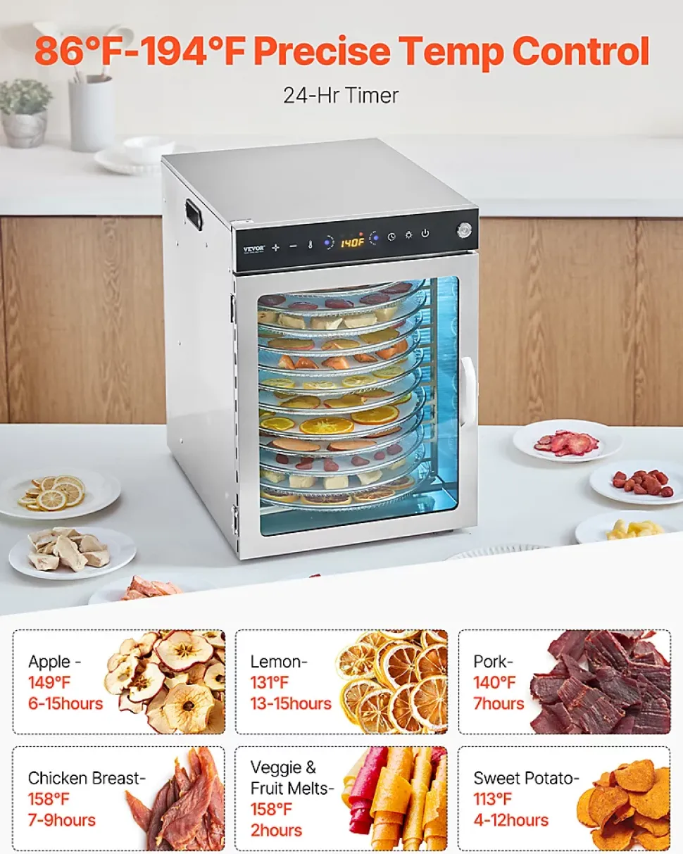 Déshydrateur alimentaire rotatif 12 plateaux inox 800W, température/minuterie réglables, pour viande/fruits.