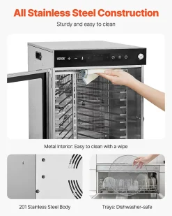 Déshydrateur alimentaire rotatif 12 plateaux inox 800W, température/minuterie réglables, pour viande/fruits.