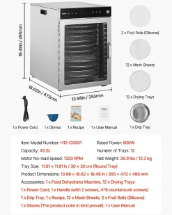 Déshydrateur alimentaire rotatif 12 plateaux inox 800W, température/minuterie réglables, pour viande/fruits.