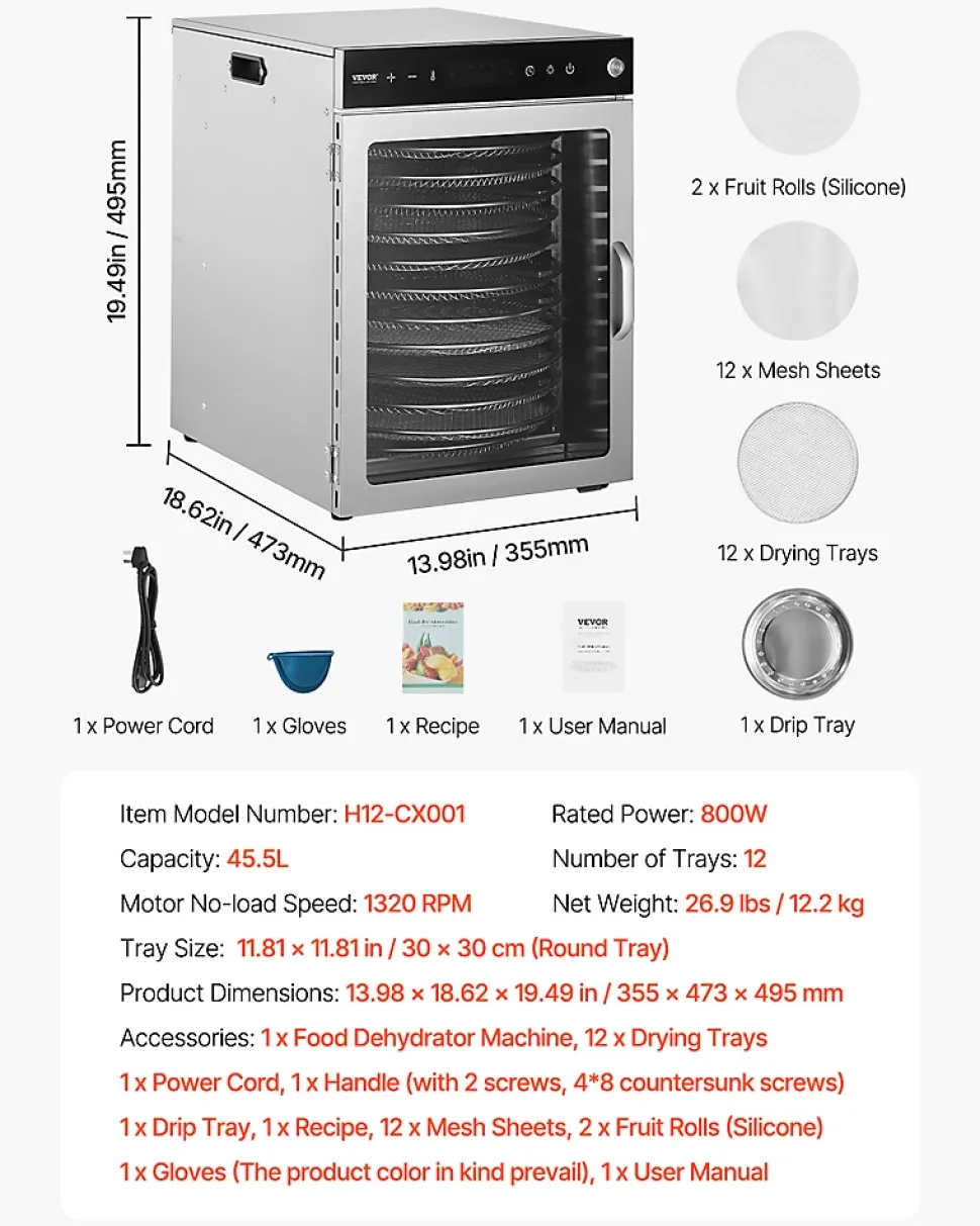 Déshydrateur alimentaire rotatif 12 plateaux inox 800W, température/minuterie réglables, pour viande/fruits.
