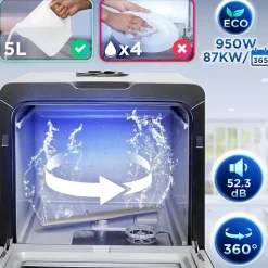 DW5 BK Lave vaisselle de table 950W 7 programmes lavage séchage Machine compacte posable Gain de place Sécurité enfants Duronic