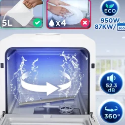 DW5 WE Lave vaisselle de table 950W 7 programmes lavage séchage Machine compacte posable Gain de place Sécurité enfants Duronic
