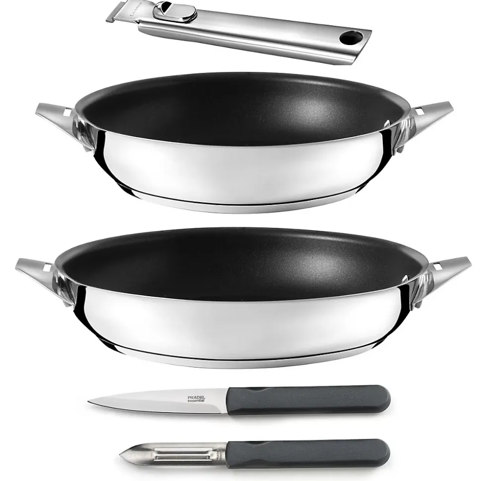 Eclipse - Set 2 poêles 24/28cm revêtement céramique, 1 poignée amovible inox, 1 éplucheur et 1 couteau office