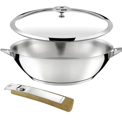 Eclipse - Set 1 wok 28cm inox avec couvercle, 1 poignée amovible effet bois