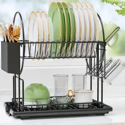 Egoutoire à Vaisselle à 2 Niveaux en inox avec Porte-ustensiles et bac d'égouttement Noir