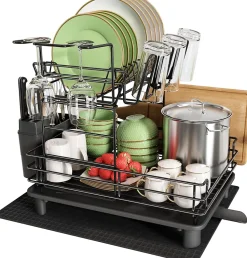 Egoutoire Vaisselle avec Porte-Ustensiles et Porte-Verres à Vin