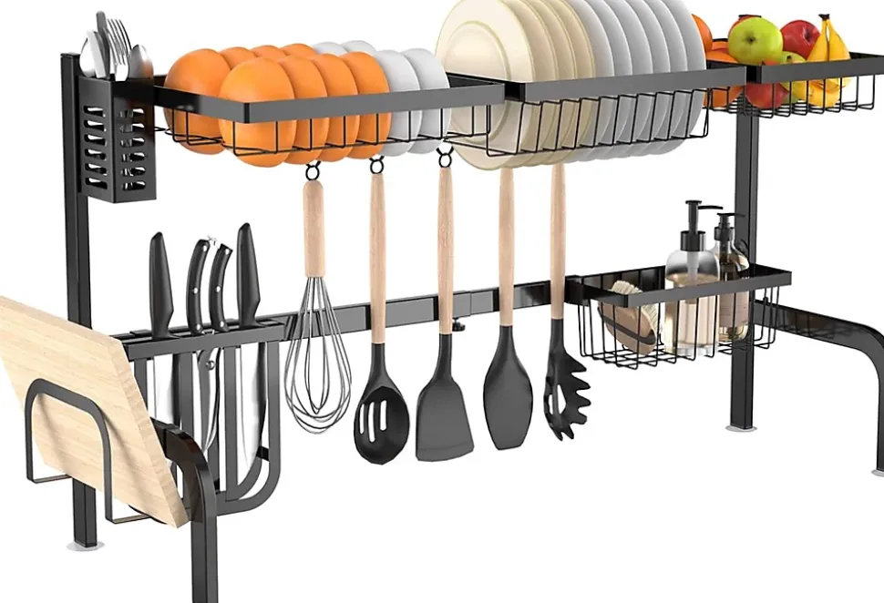 Egouttoir Vaisselle 2 Etage en Acier Inoxydable avec Ventouse Antiderapante Porte Ustensiles de Cuisine Noir