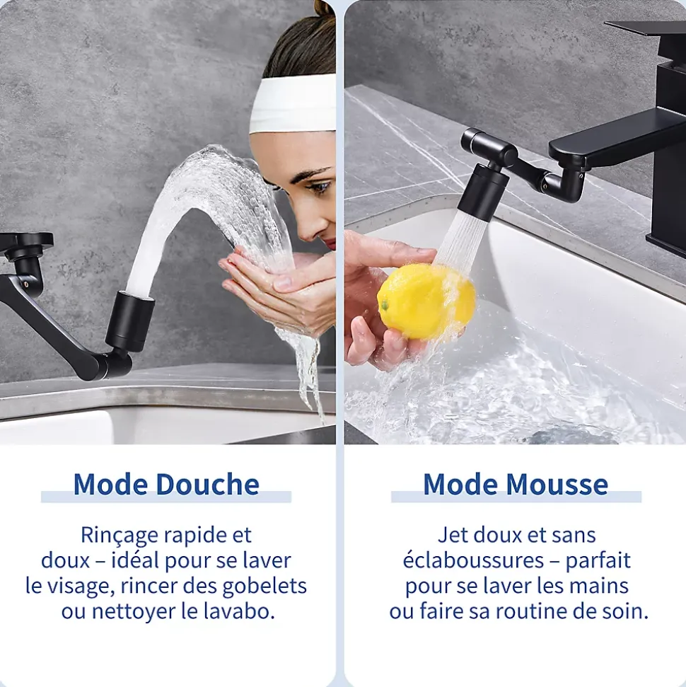 Embout Robinet Pivotant 1440 Mousseur Robinet 2 Jets avec Adaptateur 20/22/24 mm pour Cuisine ou Salle de Bain