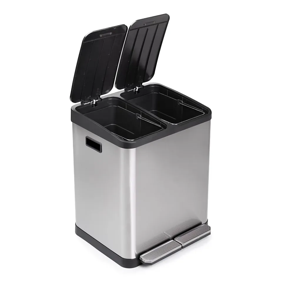 Emuca Bac de tri sélectif a compartiments Recycle, ouverture du couvercle par pédale, 2x15litres, Acier inoxydable