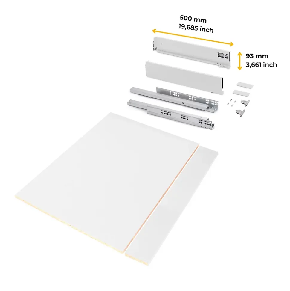 Emuca Kit de tiroirs pour cuisine ou salle de bains Vertex avec réglages 3D, hauteur 93mm, avec panneaux inclus, module 900mm,