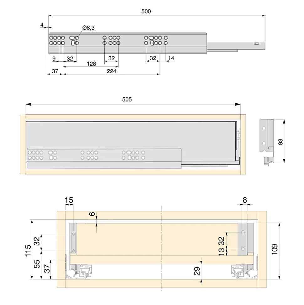 Emuca Kit de tiroirs pour cuisine ou salle de bains Vertex avec réglages 3D, hauteur 93mm, avec panneaux inclus, module 900mm,