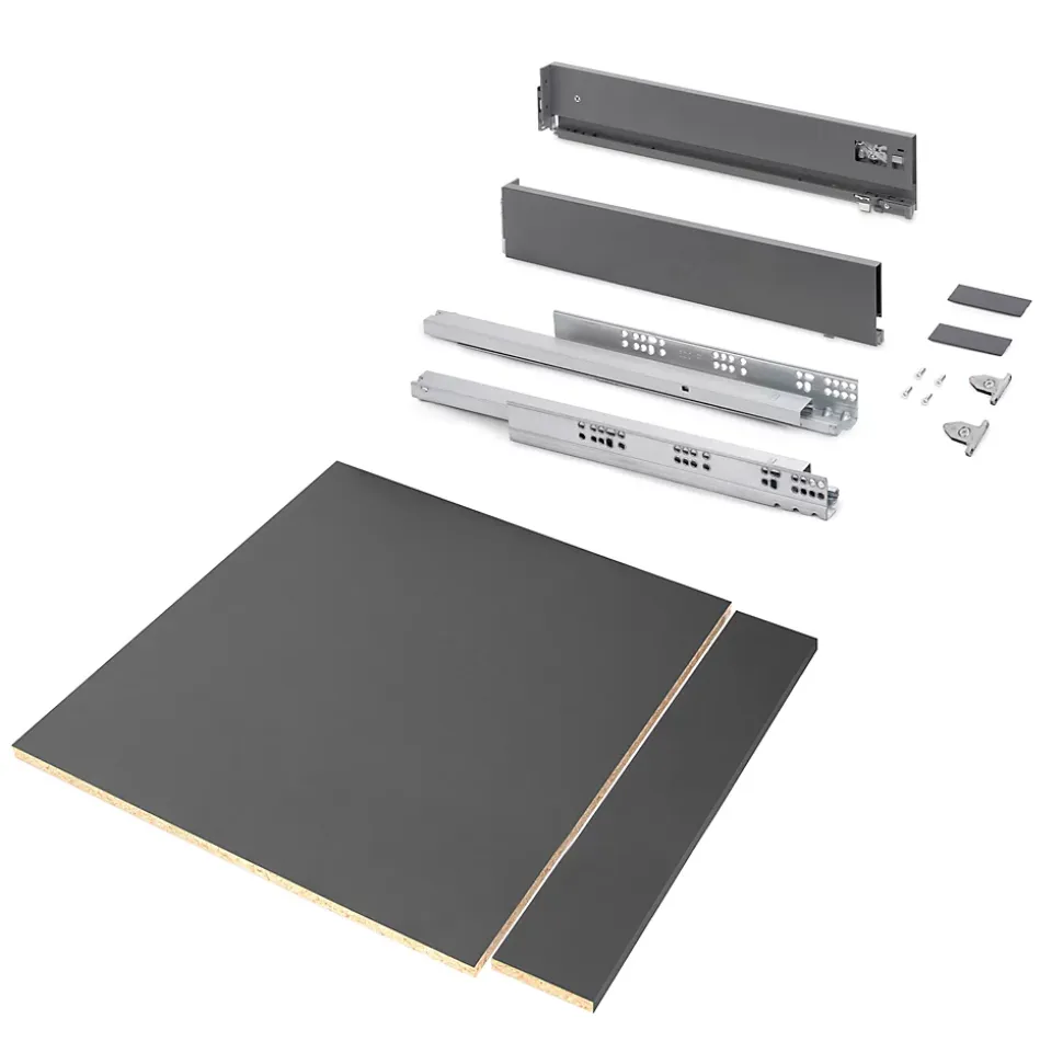 Emuca Kit de tiroirs pour cuisine ou salle de bains Vertex avec réglages 3D, hauteur 93mm, avec panneaux inclus, module 600mm,