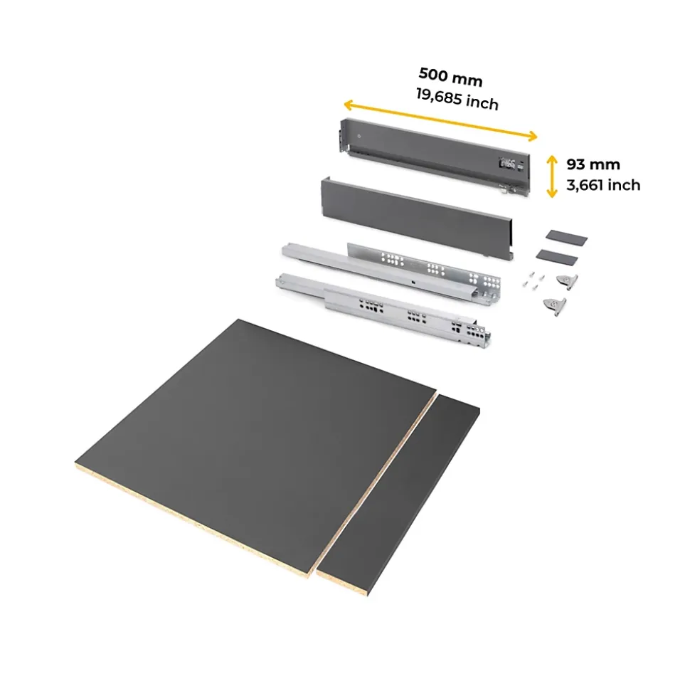 Emuca Kit de tiroirs pour cuisine ou salle de bains Vertex avec réglages 3D, hauteur 93mm, avec panneaux inclus, module 600mm,