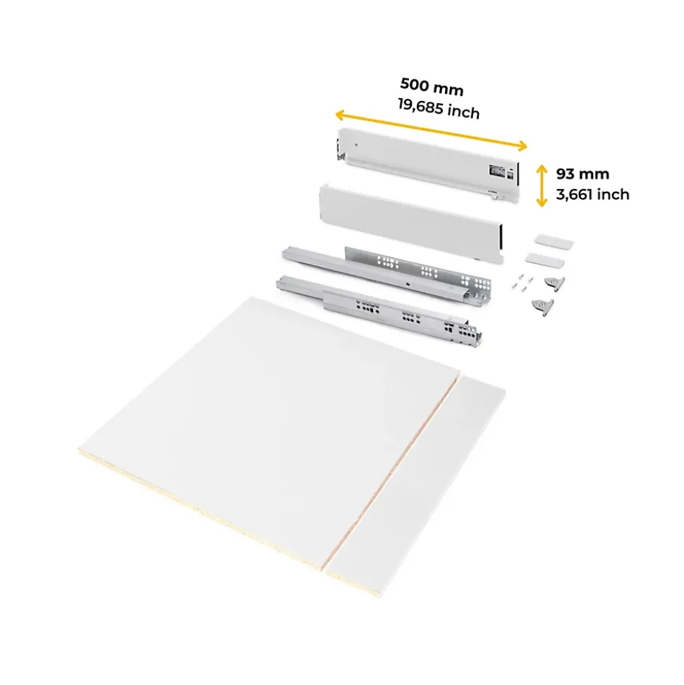 Emuca Kit de tiroirs pour cuisine ou salle de bains Vertex avec réglages 3D, hauteur 93mm, avec panneaux inclus, module 600mm,