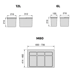 Emuca Kit poubelle de tri sélectif pour tiroir de cuisine avec socle Recycle hauteur 216mm, 2x12litres, 2x6litres, module 800mm,