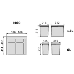Emuca Kit poubelle de tri sélectif pour tiroir de cuisine avec socle Recycle hauteur 216mm, 1x12litres, 2x6litres, module 600mm,