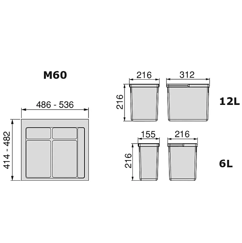 Emuca Kit poubelle de tri sélectif pour tiroir de cuisine avec socle Recycle hauteur 216mm, 1x12litres, 2x6litres, module 600mm,