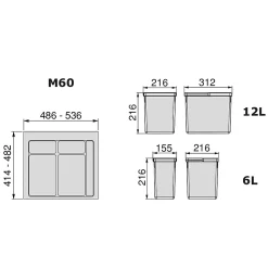 Emuca Kit poubelle de tri sélectif pour tiroir de cuisine avec socle Recycle hauteur 216mm, 1x12litres, 2x6litres, module 600mm,