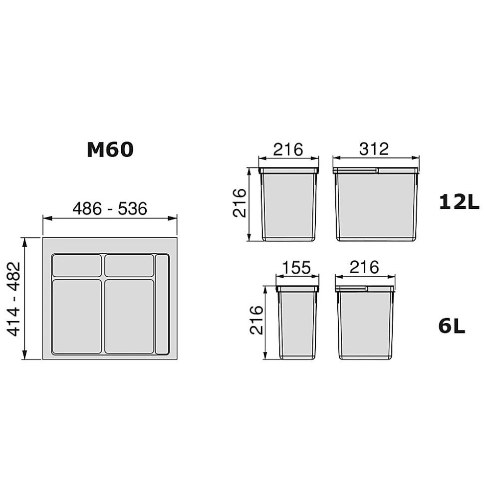 Emuca Kit poubelle de tri sélectif pour tiroir de cuisine avec socle Recycle hauteur 216mm, 1x12litres, 2x6litres, module 600mm,