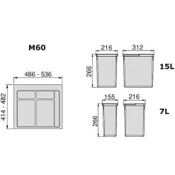 Emuca Kit poubelle de tri sélectif pour tiroir de cuisine avec socle Recycle hauteur 266mm, 1x15litres, 2x7litres, module 600mm,