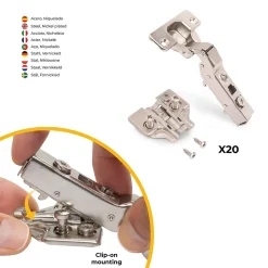 Emuca Lot de 20 charnières coudées X91 à fermeture amortie et embases euro, Hauteur 0, Acier, nickelé