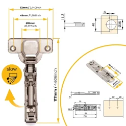Emuca Lot de 20 charnières coudées X91 à fermeture amortie avec embases droite à visser, Hauteur 1, Acier, Nickelé