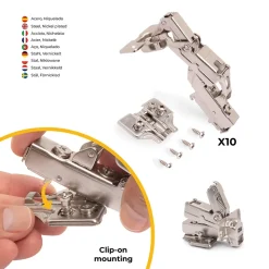 Emuca Lot de 10 charnières coudées X91 Ouverture à 165 degrés avec fermeture amortie et embases Euro, Hauteur 0, Acier, Nickelé