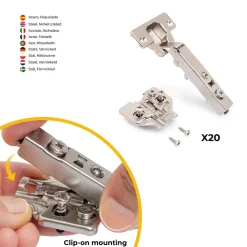 Emuca Lot de 20 charnières droites X92 avec fermeture amortie et embases de montage mixtes, Diamètre 5x9.5mm, Hauteur 0, Acier,