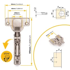 Emuca Lot de 20 charnières droites X91 à fermeture amortie avec embases à visser, Hauteur 0, Acier, Nickelé