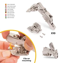 Emuca Lot de 10 charnières droites X91 à ouverture de 165 degrés avec fermeture amortie et embases euro, hauteur 0, acier, nickelé
