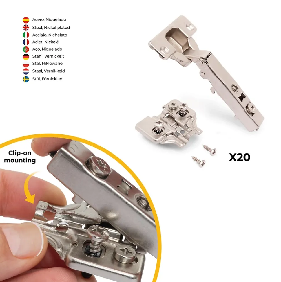 Emuca Lot de 20 charnières droites X92N et embases de montage mixtes, Diamètre 5x9.5mm, Hauteur 0, Acier, Nickelé