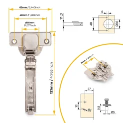 Emuca Lot de 20 charnières droites X92N et embases de montage mixtes, Diamètre 5x9.5mm, Hauteur 0, Acier, Nickelé