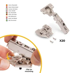 Emuca Lot de 20 charnières droites X91 à fermeture amortie avec embases de montage mixtes, Diamètre 5x9.5mm, Hauteur 0, Acier,