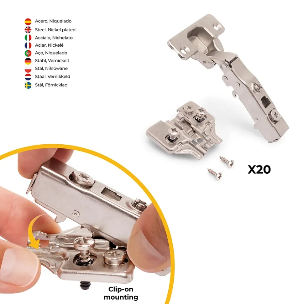 Emuca Lot de 20 charnières droites X91 à fermeture amortie avec embases de montage mixtes, Diamètre 5x9.5mm, Hauteur 0, Acier,