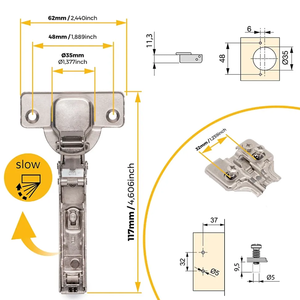 Emuca Lot de 20 charnières droites X91N avec embases de montage mixtes, Diamètre 5x9.5mm, Hauteur 0, Acier, Nickelé