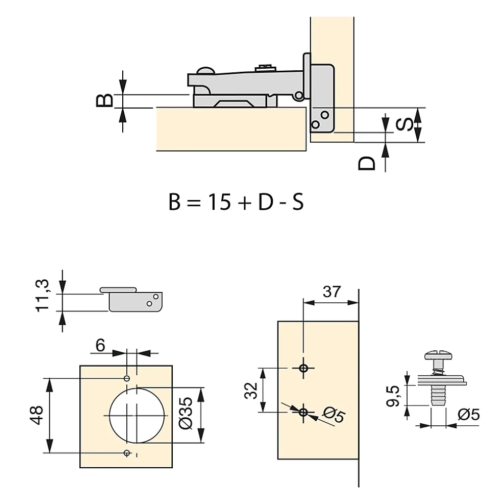 Emuca Lot de 20 charnières droites X91N avec embases de montage mixtes, Diamètre 5x9.5mm, Hauteur 0, Acier, Nickelé
