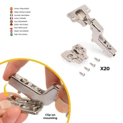 Emuca Lot de 20 charnières super coudées X92 avec fermeture amortie et embases à visser, Hauteur 0, Acier, Nickelé