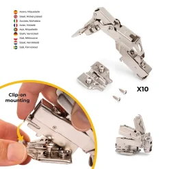 Emuca Lot de 10 charnières Super coudées X91 ouverture à 165 degrés avec fermeture amortie et embases Euro, hauteur 0, acier,